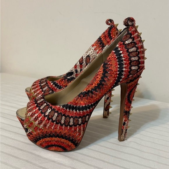 Wild Pair Retro Orange Multicolor Spike Peep Toe High Heels Stilettos Size 6M - Picture 11 of 14